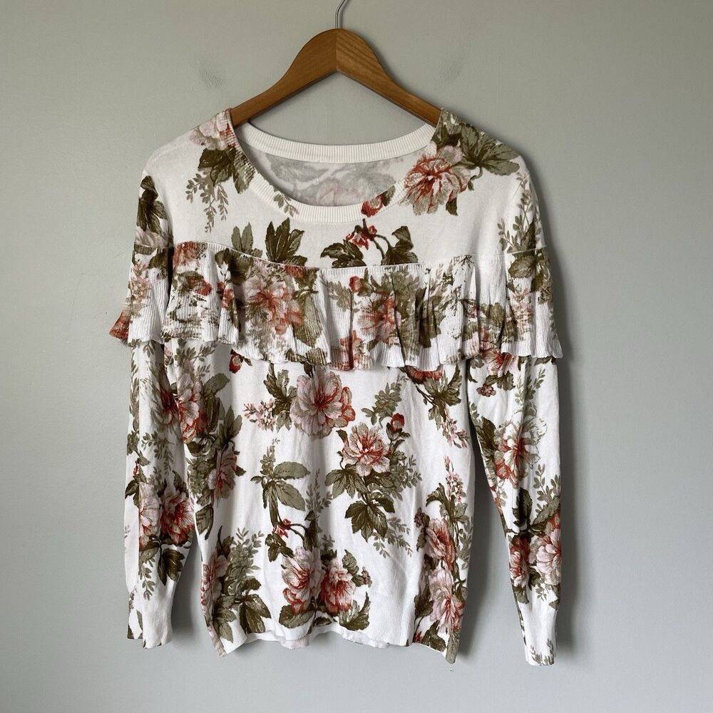 Anthropologie Harlyn Ruffle Floral Print Long Sleeve Sweater Top Size Medium